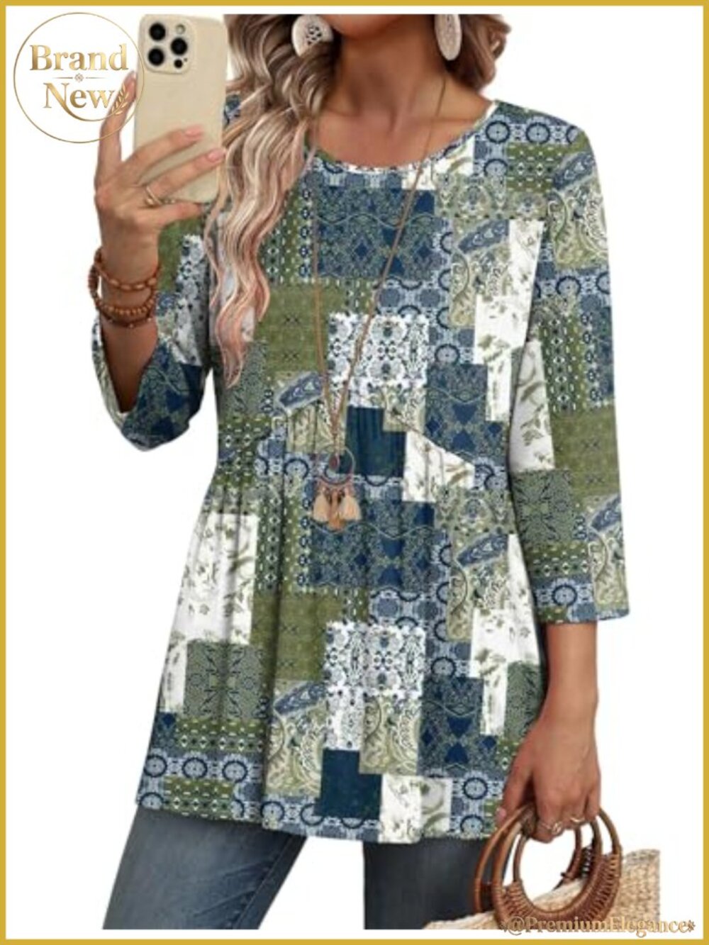 3/4 Sleeve Babydoll Tunic Blouse Dressy Casual Womens Top